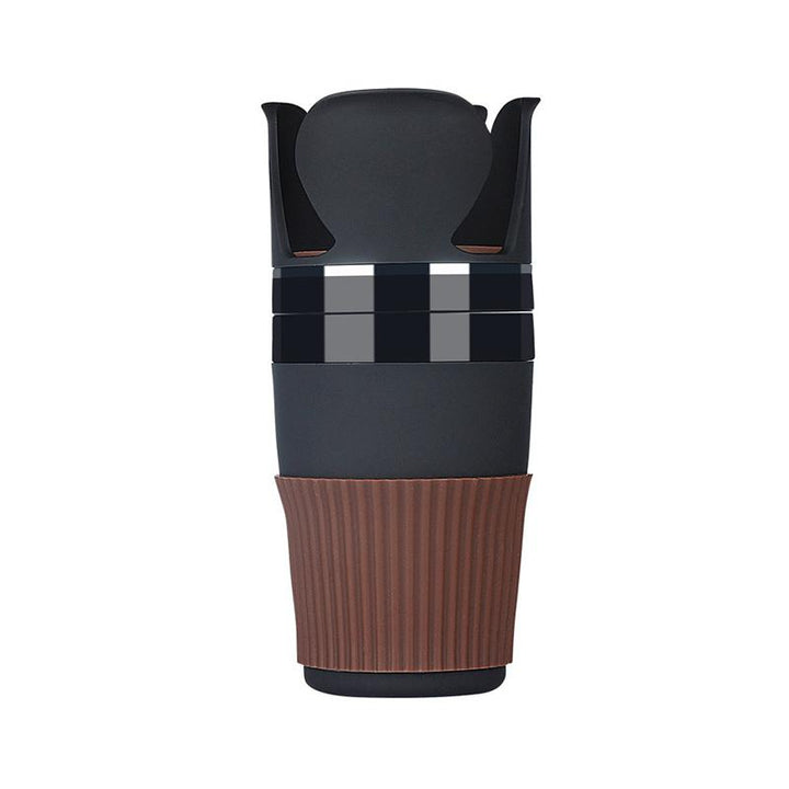 Multifunktionell kopphållaradapter för bilar, svart design, 360° rotation, förvarar drycker och tillbehör organiserat.
