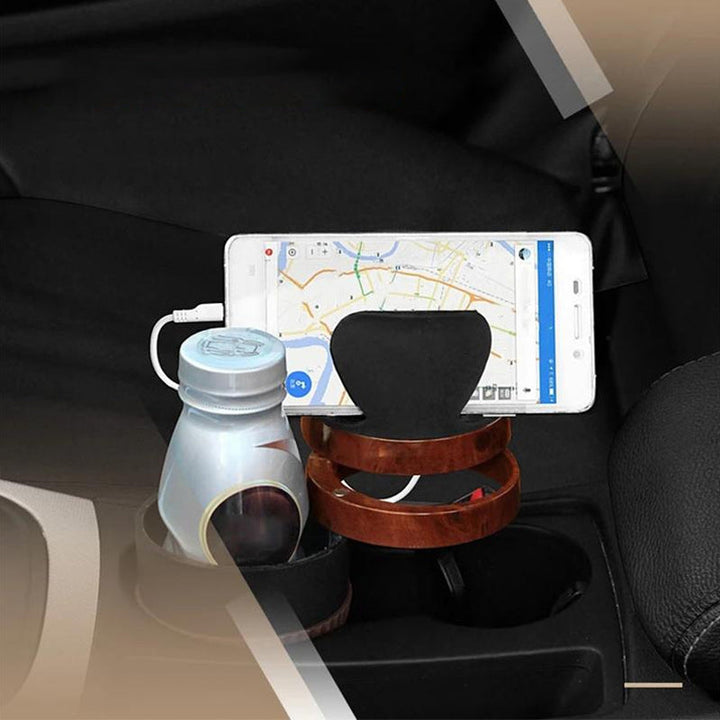 Multifunktionell kopphållaradapter för bilar, svart design, 360° rotation, förvarar drycker och tillbehör organiserat.