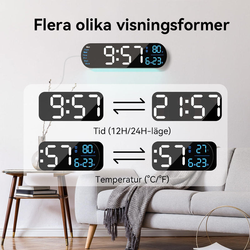 "Multifunktionell LED-väggklocka med RGB-ljus, visar 13,7-tums tydlig display, justerbara färger för alla heminredningar."