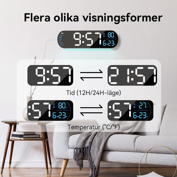 "Multifunktionell LED-väggklocka med RGB-ljus, visar 13,7-tums tydlig display, justerbara färger för alla heminredningar."