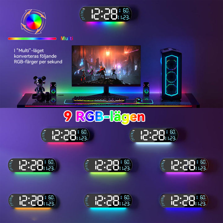 "Multifunktionell LED-väggklocka med RGB-ljus, visar 13,7-tums tydlig display, justerbara färger för alla heminredningar."