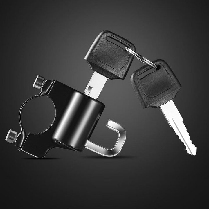 "Multifunktionellt aluminium hjälmlås för motorcykel, robust svart design, passar halv- och helhjälmar."