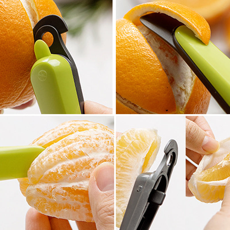 "Multifunktionellt fruktskalningsverktyg i grönt, hållbart material, perfekt för att enkelt skala frukt i köket."