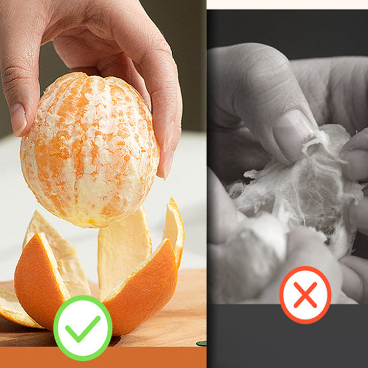 "Multifunktionellt fruktskalningsverktyg i grönt, hållbart material, perfekt för att enkelt skala frukt i köket."