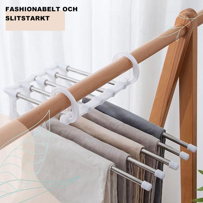 "Multifunktionellt klädhängare, platsbesparande unisex-design, rostfritt stål och svart ABS, för byxor och sjalar."