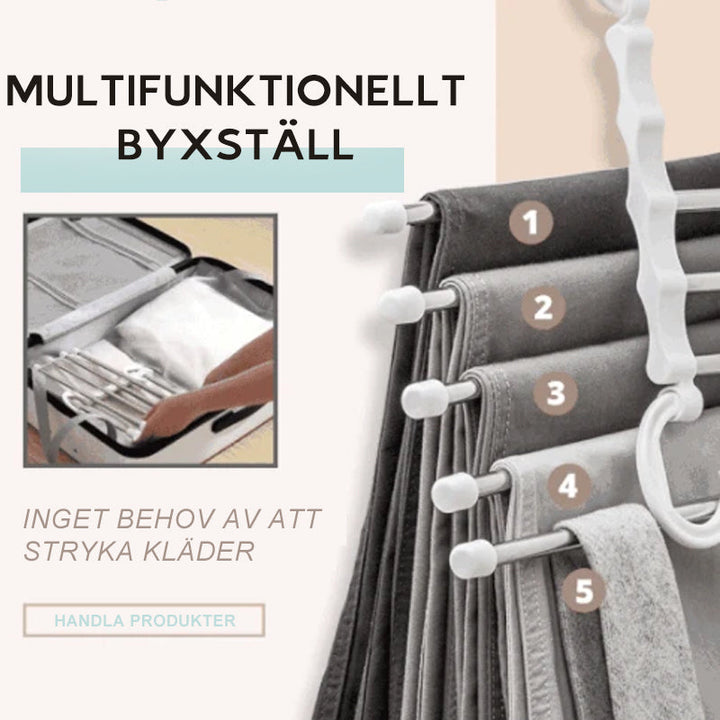 "Multifunktionellt klädhängare, platsbesparande unisex-design, rostfritt stål och svart ABS, för byxor och sjalar."