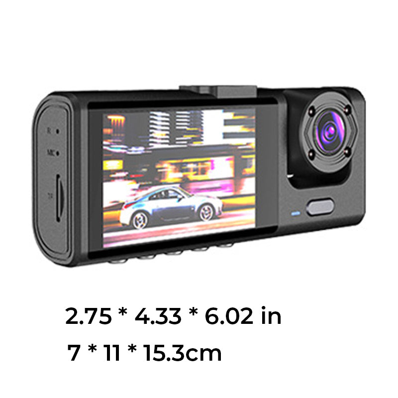 Nattsyns trippellins 1080p bilkamera, fångar fram- och bakvyer, svart, monterad på instrumentbräda, infraröd funktion.