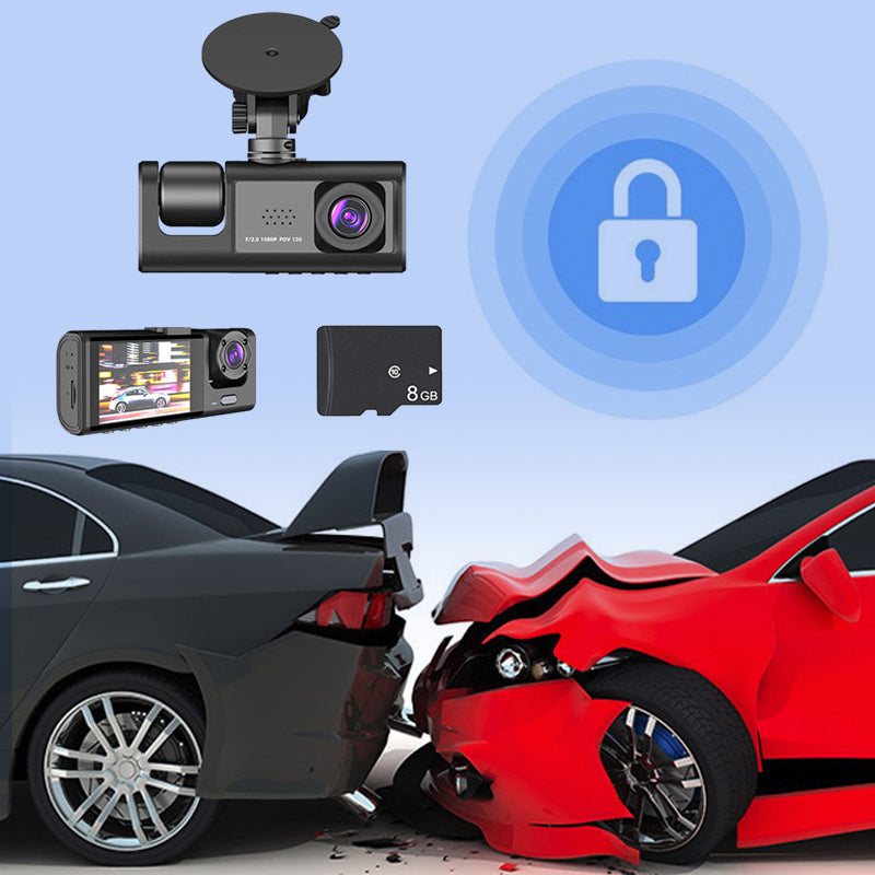 Nattsyns trippellins 1080p bilkamera, fångar fram- och bakvyer, svart, monterad på instrumentbräda, infraröd funktion.