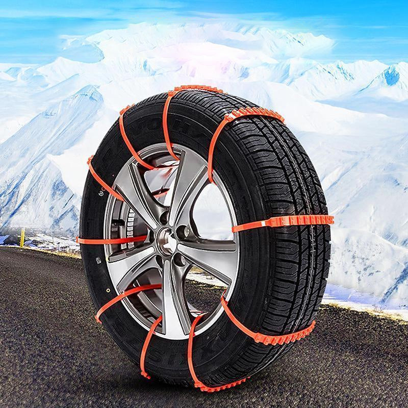 "Orange universella antisladd snökedjor för bilar i TPU, maximerar grepp på snö och is, passar däck 195-295 mm."