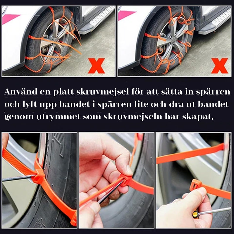 "Orange universella antisladd snökedjor för bilar i TPU, maximerar grepp på snö och is, passar däck 195-295 mm."
