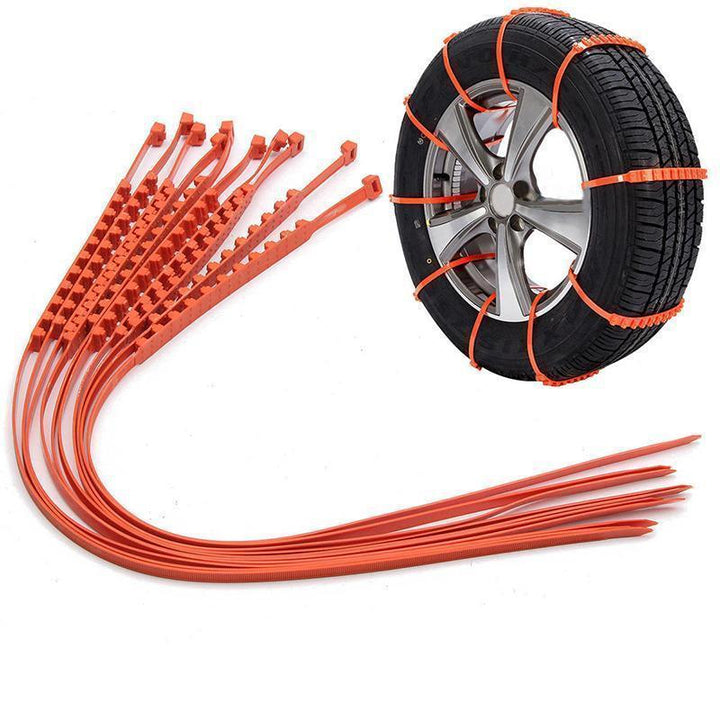 "Orange universella antisladd snökedjor för bilar i TPU, maximerar grepp på snö och is, passar däck 195-295 mm."