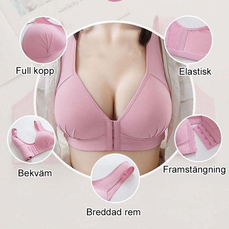 Plusstorlek elastisk push-up BH för kvinnor i hudton, med frontstängning och sido vingar för stöd och smickrande passform.