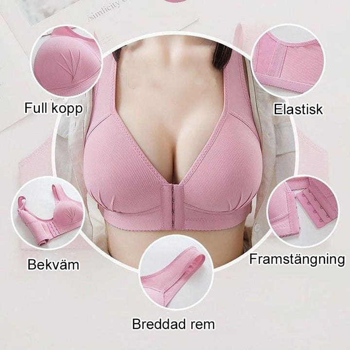 Plusstorlek elastisk push-up BH för kvinnor i hudton, med frontstängning och sido vingar för stöd och smickrande passform.