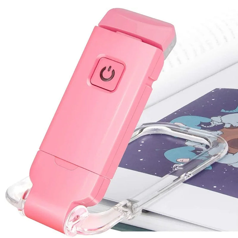"Portabel justerbar uppladdningsbar LED-boklampa i rosa, svart, grön, blå eller vit med flexibel hållare och USB-laddning."