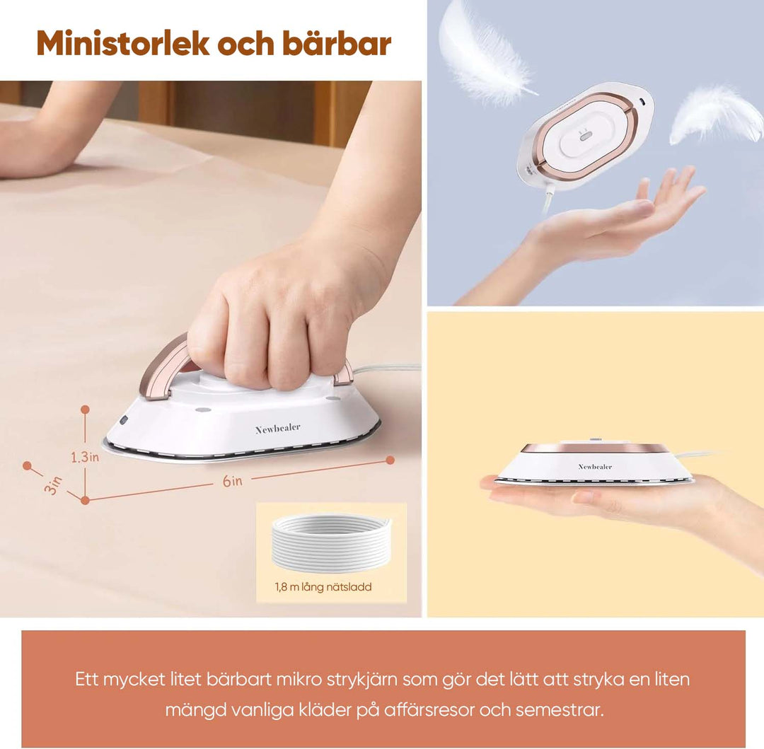 "Portabelt resestrykjärn, dubbla spänningar, kompakt design. Lätt, idealiskt för alla tyger och resor."