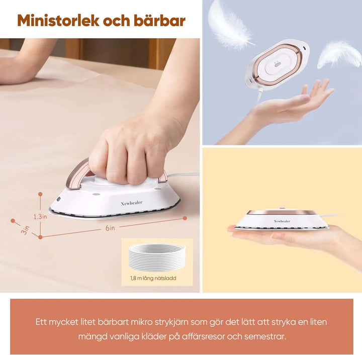 "Portabelt resestrykjärn, dubbla spänningar, kompakt design. Lätt, idealiskt för alla tyger och resor."