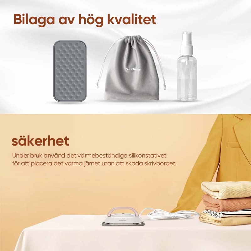 "Portabelt resestrykjärn, dubbla spänningar, kompakt design. Lätt, idealiskt för alla tyger och resor."