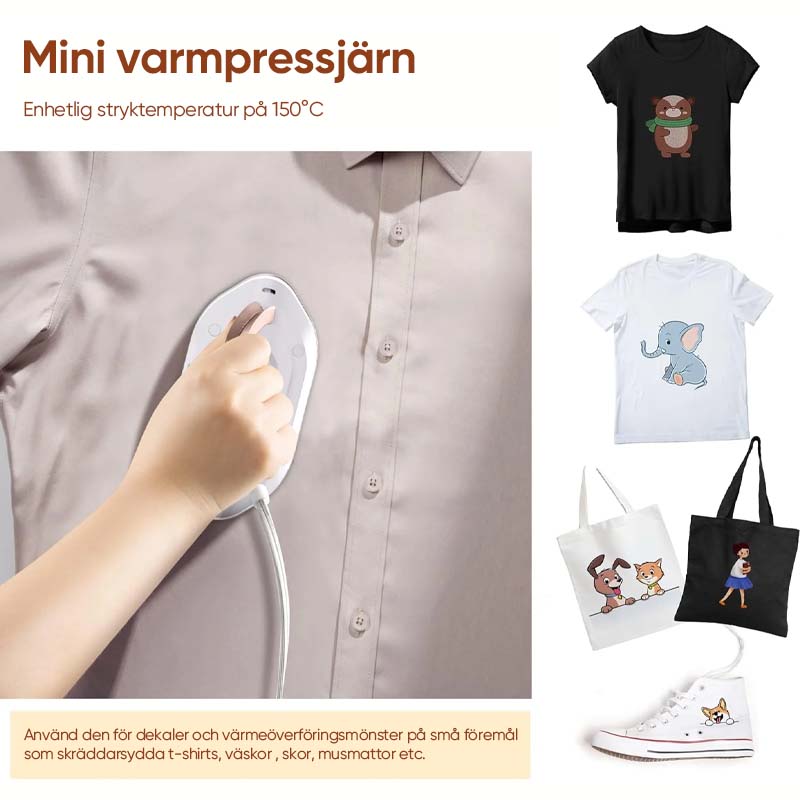 "Portabelt resestrykjärn, dubbla spänningar, kompakt design. Lätt, idealiskt för alla tyger och resor."