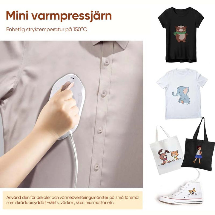 "Portabelt resestrykjärn, dubbla spänningar, kompakt design. Lätt, idealiskt för alla tyger och resor."