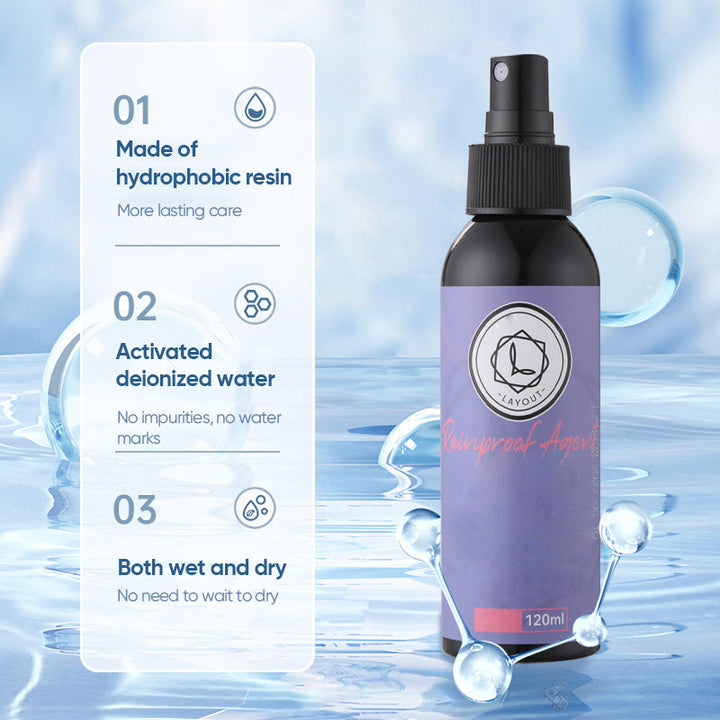 "Regnavvisande spray för bilglas, genomskinlig flaska, förbättrar sikten och avvisar vatten på vindruta och speglar."