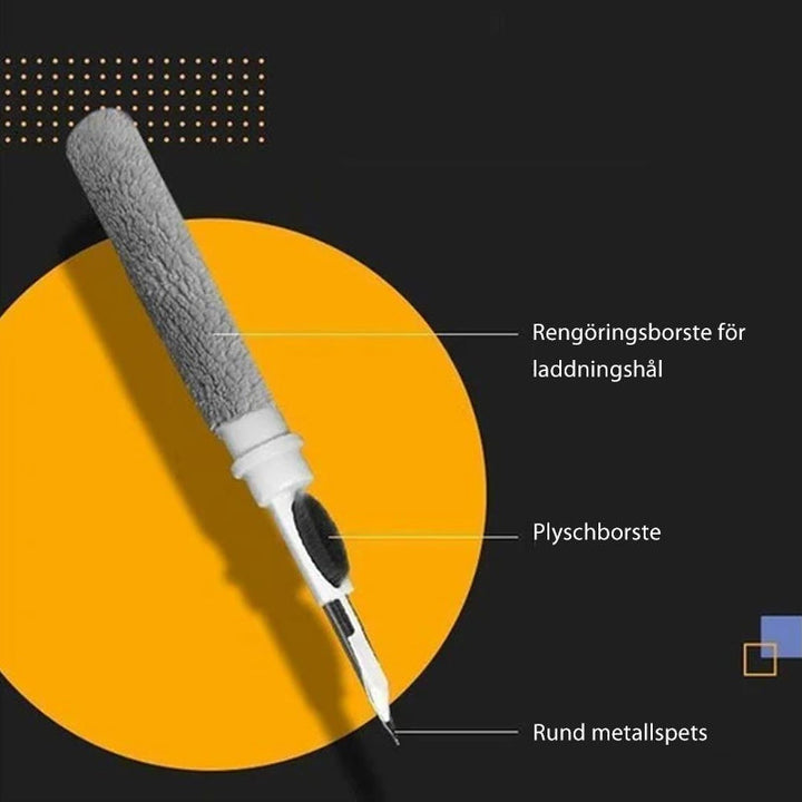 "Rengöringspenna för Bluetooth-öronsnäckor med mikrofiberborste, vit plast, kompakt och bärbar design för noggrann rengöring.