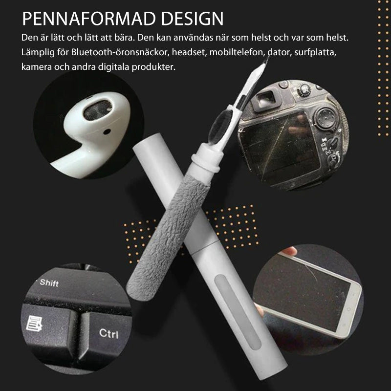 "Rengöringspenna för Bluetooth-öronsnäckor med mikrofiberborste, vit plast, kompakt och bärbar design för noggrann rengöring.
