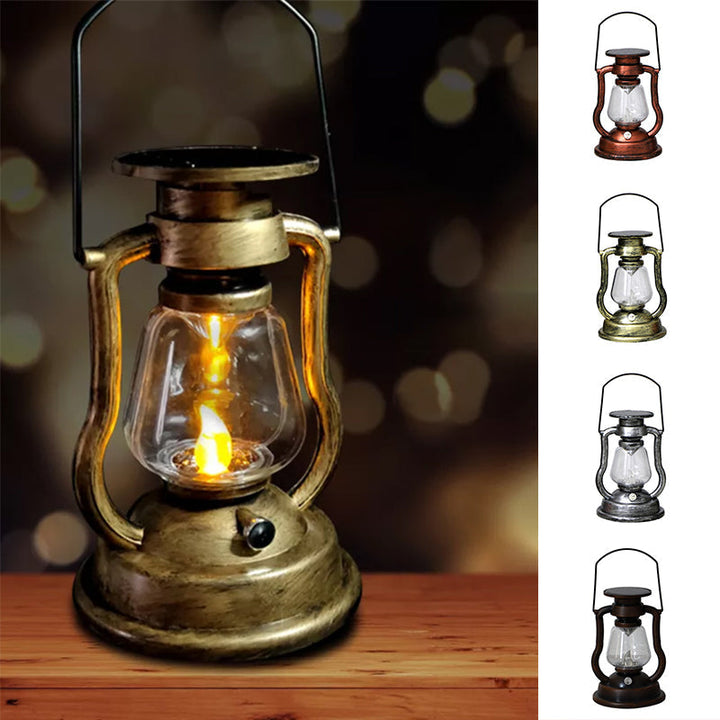"Retro solcellsdriven fotogenlampa med LED, vattentät; antik finish i brons, guld, rost, silver; perfekt för utomhusbelysning