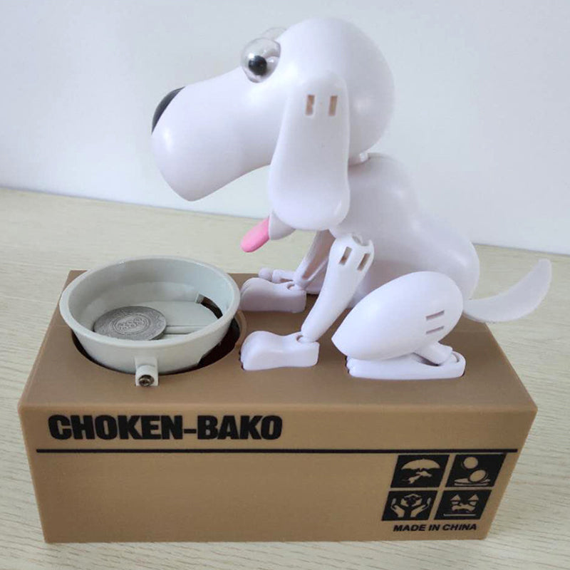 "Robothund spargris i brun design som äter mynt, perfekt för barn och vuxna i stilfull interaktiv sparform."