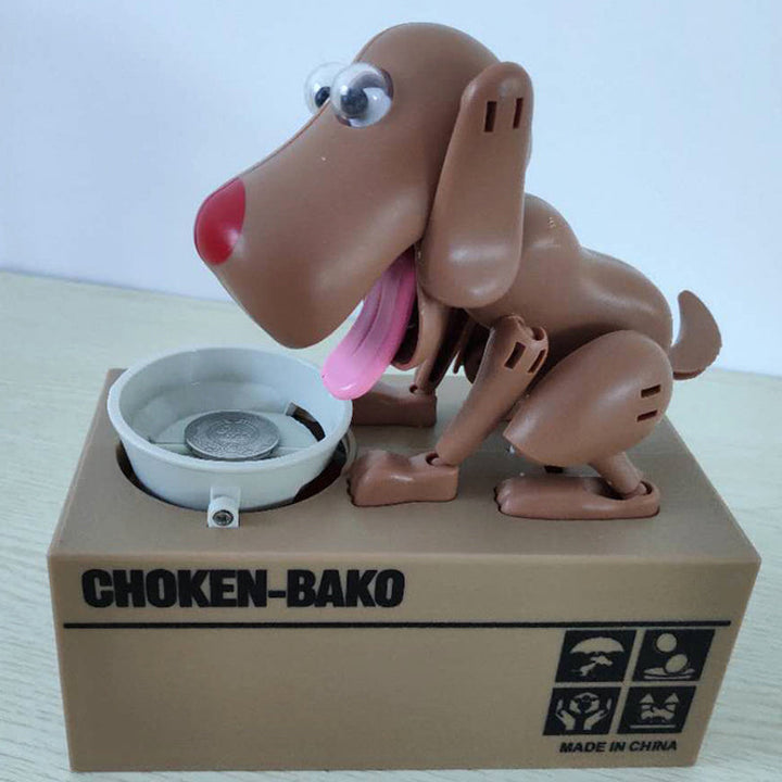 "Robothund spargris i brun design som äter mynt, perfekt för barn och vuxna i stilfull interaktiv sparform."