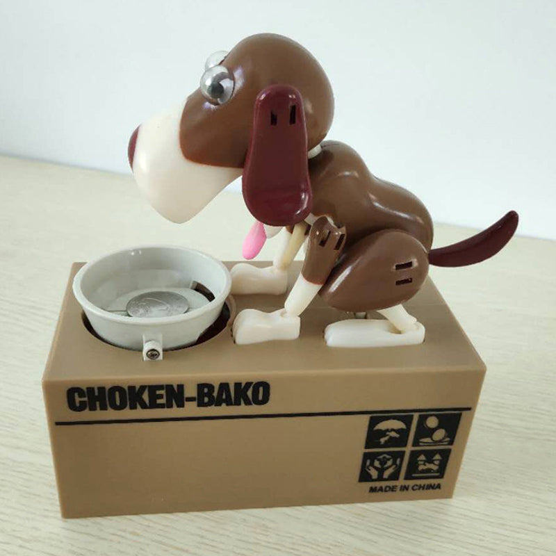 "Robothund spargris i brun design som äter mynt, perfekt för barn och vuxna i stilfull interaktiv sparform."