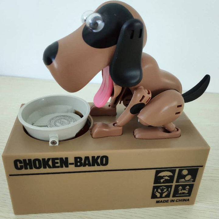 "Robothund spargris i brun design som äter mynt, perfekt för barn och vuxna i stilfull interaktiv sparform."