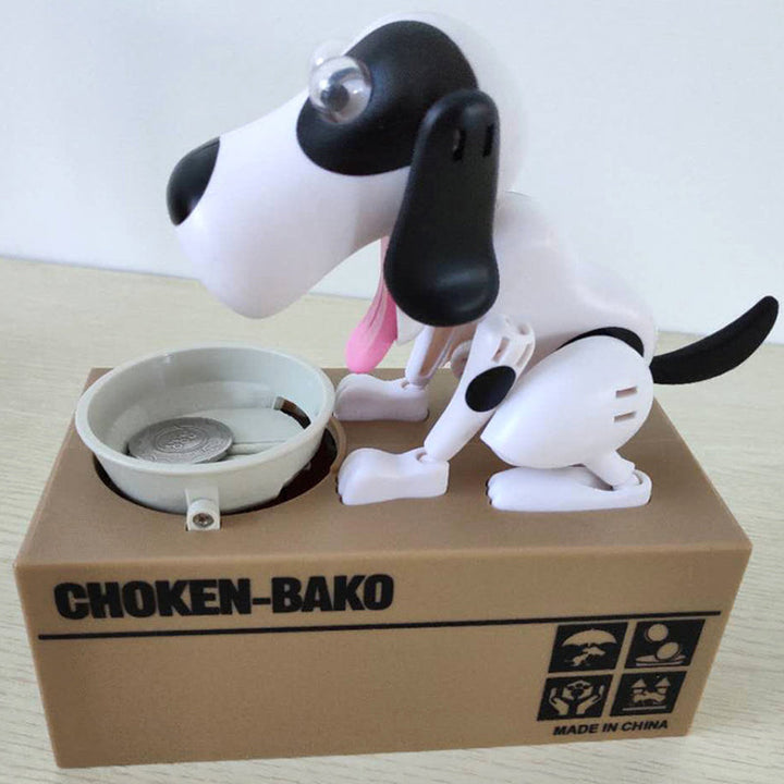 "Robothund spargris i brun design som äter mynt, perfekt för barn och vuxna i stilfull interaktiv sparform."