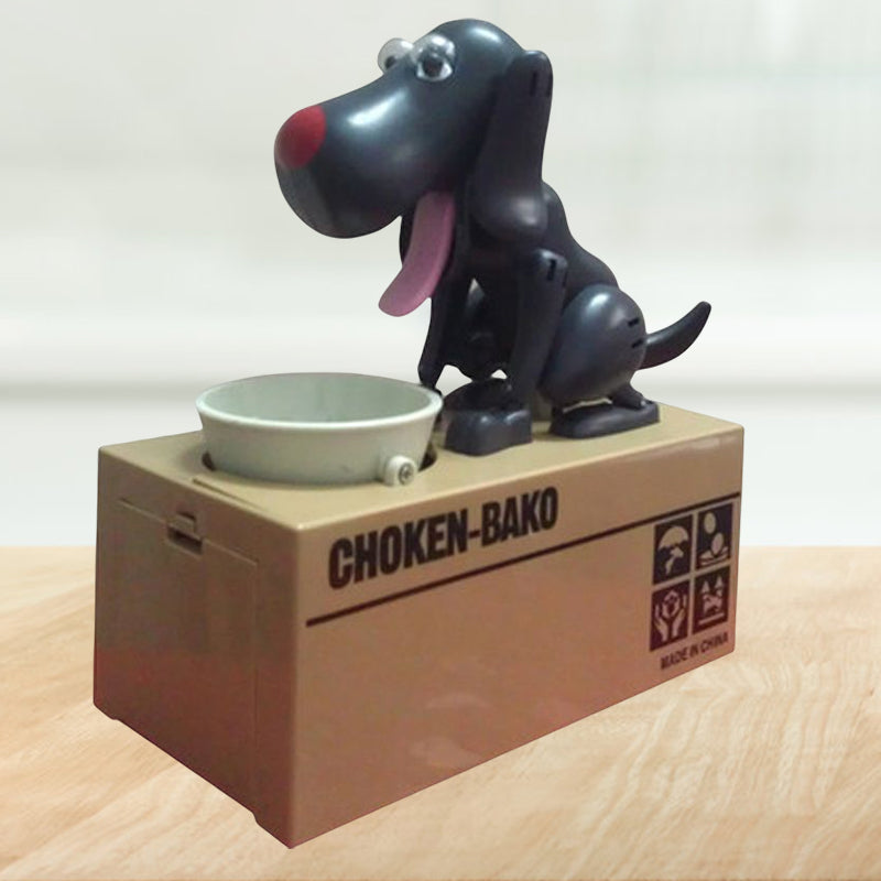 "Robothund spargris i brun design som äter mynt, perfekt för barn och vuxna i stilfull interaktiv sparform."