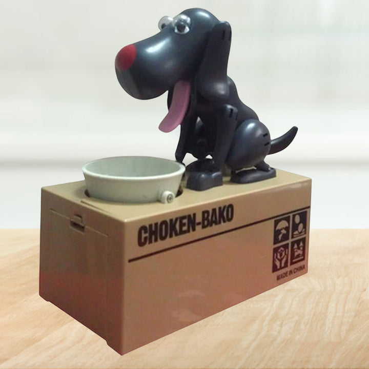 "Robothund spargris i brun design som äter mynt, perfekt för barn och vuxna i stilfull interaktiv sparform."