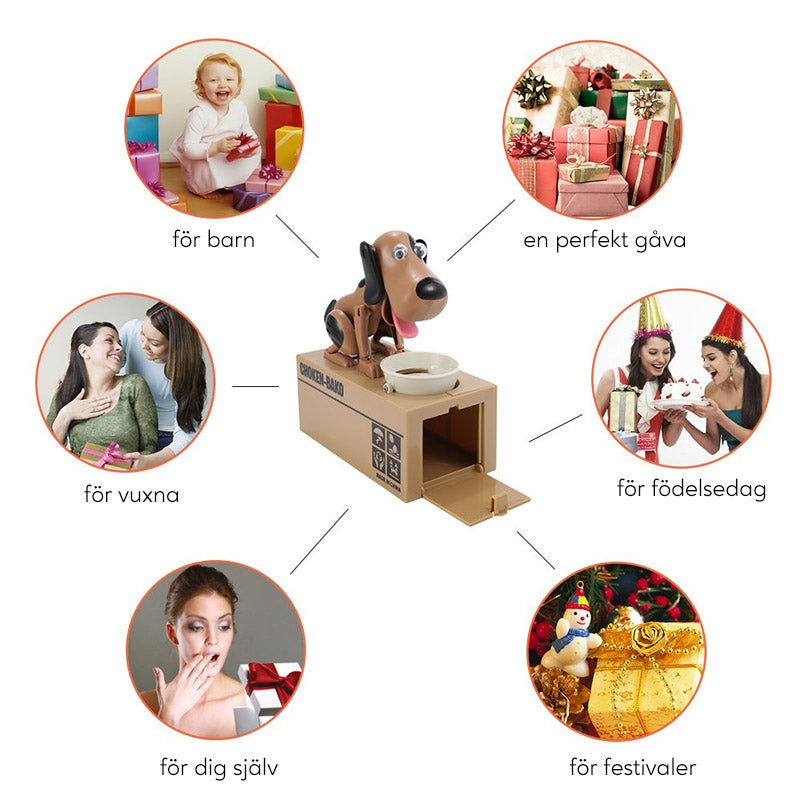 "Robothund spargris i brun design som äter mynt, perfekt för barn och vuxna i stilfull interaktiv sparform."