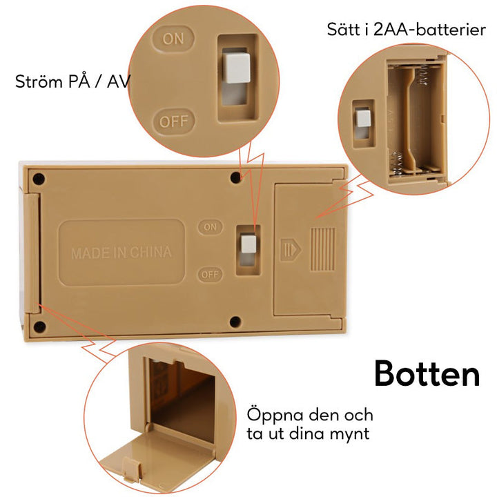 "Robothund spargris i brun design som äter mynt, perfekt för barn och vuxna i stilfull interaktiv sparform."