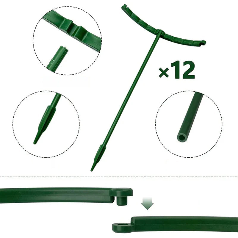 "Robusta, gröna stödburar för trädgårdsväxter, anslutbara och väderbeständiga stödfästen för elegant och ordnad trädgård."