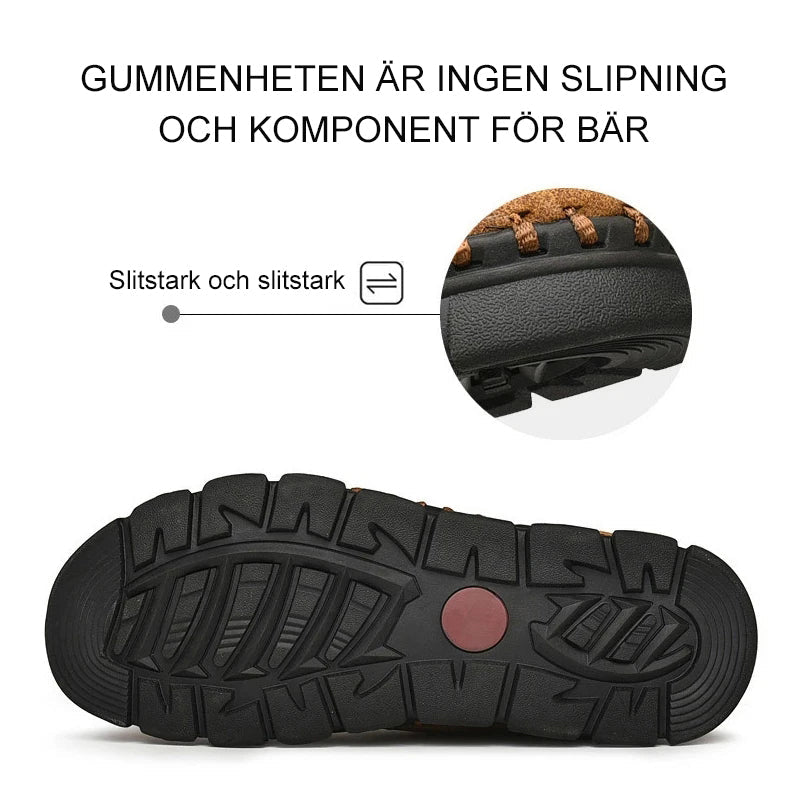 "Robusta herrkängor i brunt läder med halkfri gummisula, rund tåform och snörning för vandring i tuff terräng"
