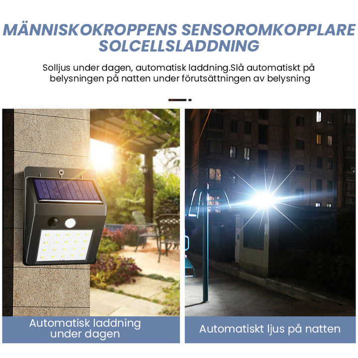 "Rörelsesensor LED-lampa utomhus IP65, solcellsdriven med 30 LED, robust svart design, perfekt för trädgårdsbelysning."