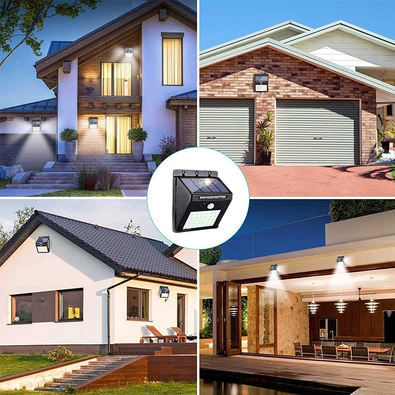 "Rörelsesensor LED-lampa utomhus IP65, solcellsdriven med 30 LED, robust svart design, perfekt för trädgårdsbelysning."