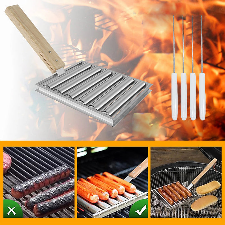 "Rullande korvställ i rostfritt stål som tillagar upp till fem korvar jämnt, elegant och grillvänlig design."