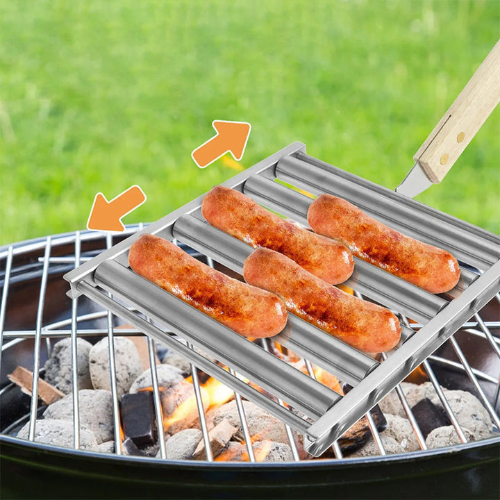 "Rullande korvställ i rostfritt stål som tillagar upp till fem korvar jämnt, elegant och grillvänlig design."