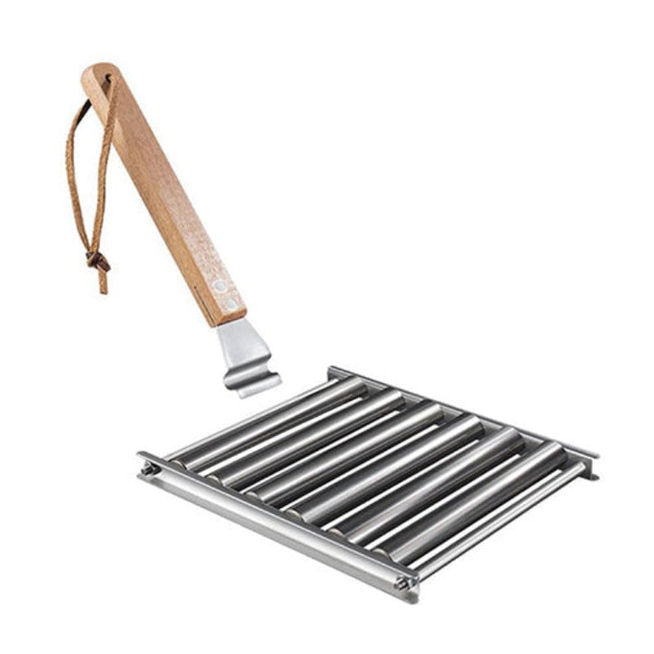 "Rullande korvställ i rostfritt stål som tillagar upp till fem korvar jämnt, elegant och grillvänlig design."