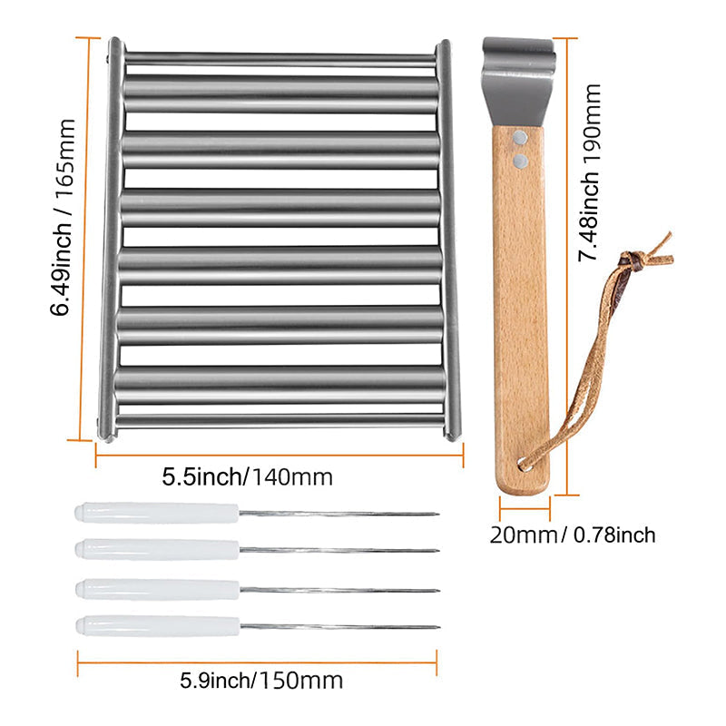 "Rullande korvställ i rostfritt stål som tillagar upp till fem korvar jämnt, elegant och grillvänlig design."