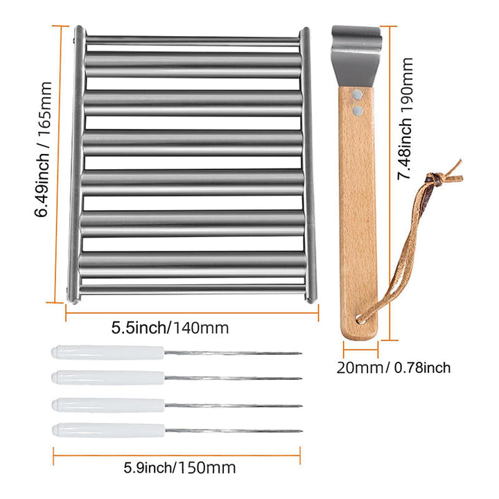 "Rullande korvställ i rostfritt stål som tillagar upp till fem korvar jämnt, elegant och grillvänlig design."