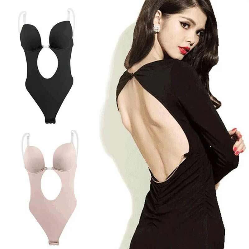 "Rygglös shapewear bh i beige nylon, designad för osynlighet, stöd och silkeslen känsla under rygglösa klänningar."