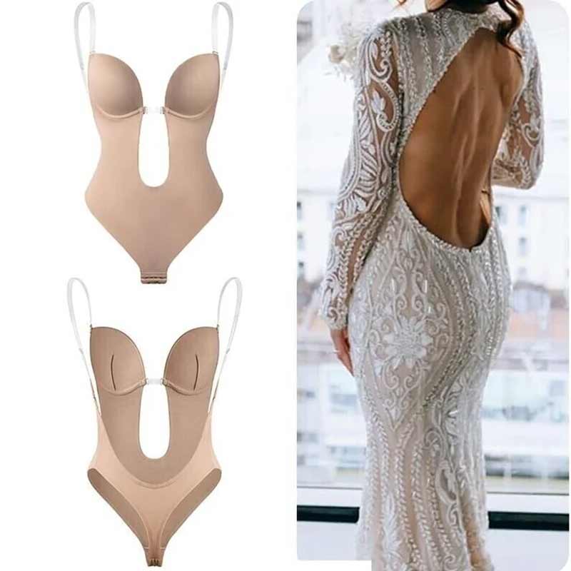 "Rygglös shapewear bh i beige nylon, designad för osynlighet, stöd och silkeslen känsla under rygglösa klänningar."