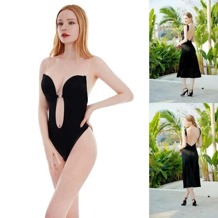 "Rygglös shapewear bh i beige nylon, designad för osynlighet, stöd och silkeslen känsla under rygglösa klänningar."