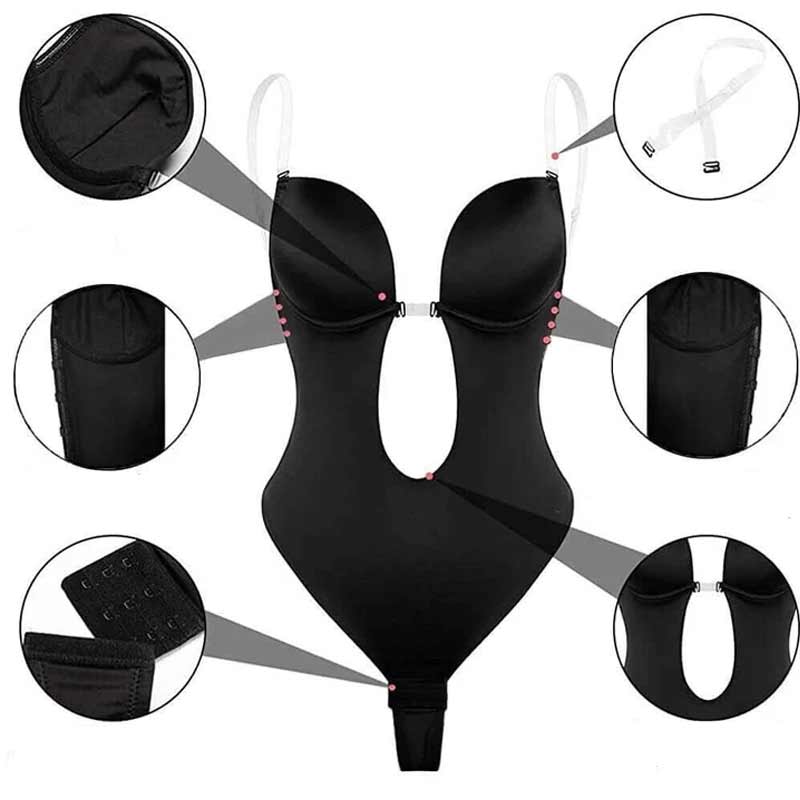 "Rygglös shapewear bh i beige nylon, designad för osynlighet, stöd och silkeslen känsla under rygglösa klänningar."