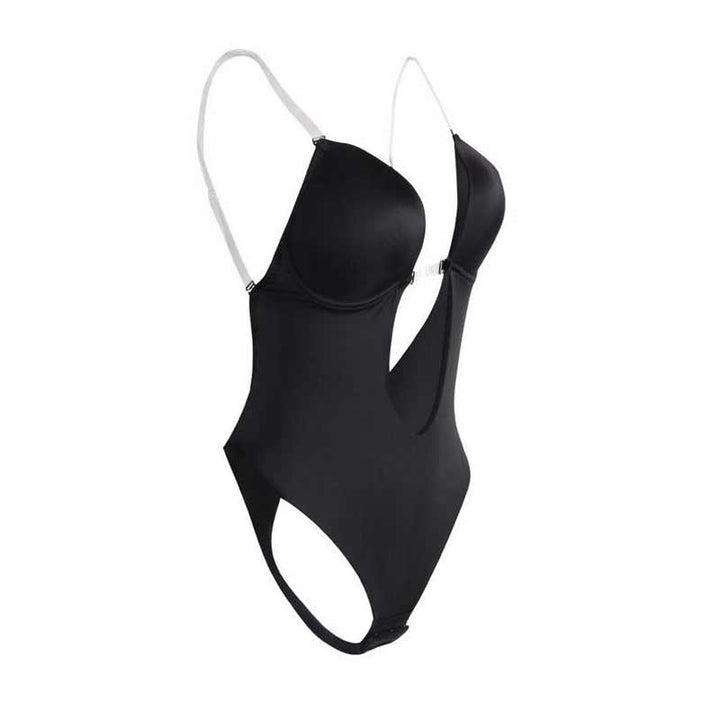 "Rygglös shapewear bh i beige nylon, designad för osynlighet, stöd och silkeslen känsla under rygglösa klänningar."